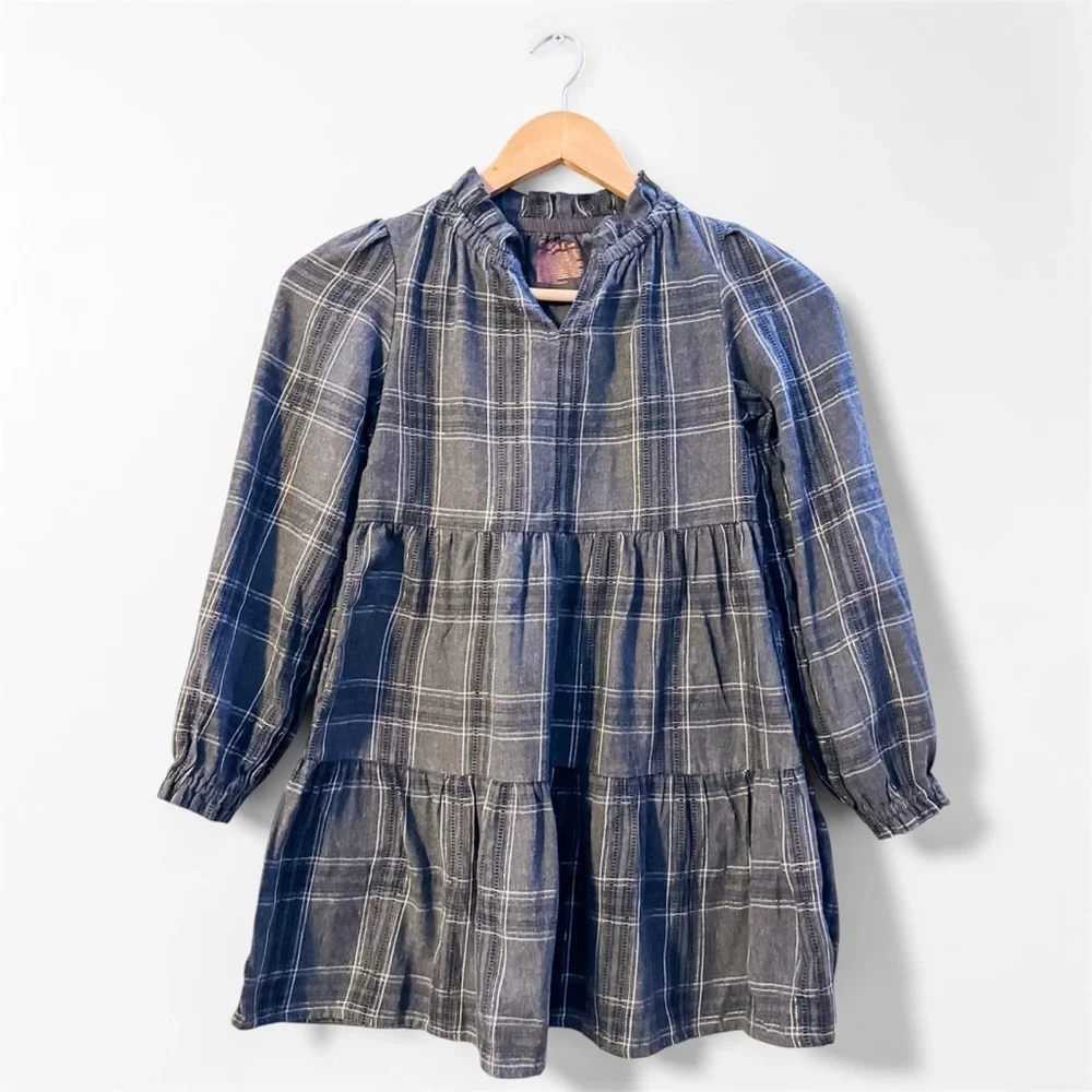 Cat & Jack Plaid Dress in Charcoal Grey with Gold Foil Accent Long Sleeve Kids M